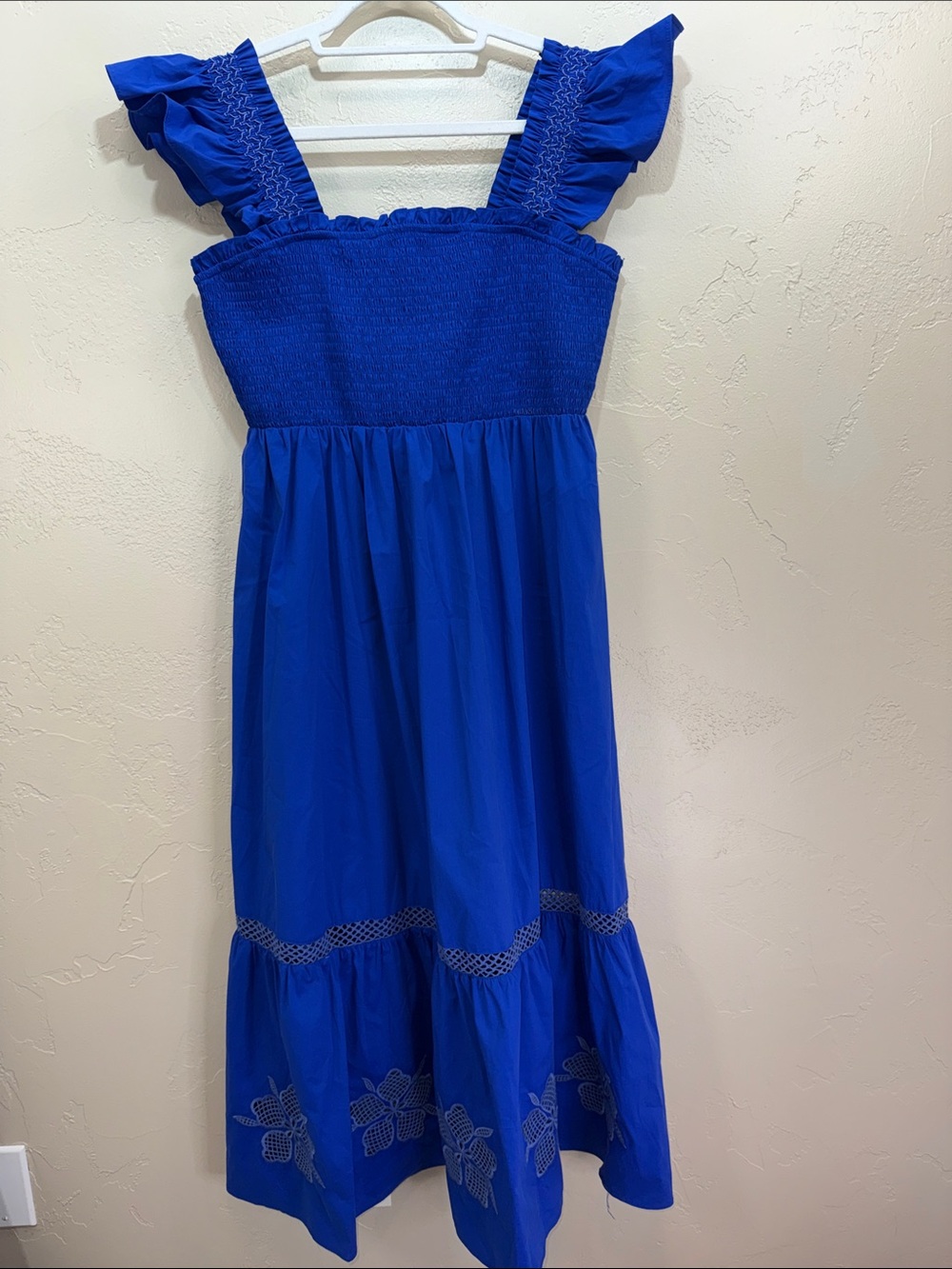 Skies Are Blue Electric Blue Smocked Midi Dress with Ruffle Straps. Crisp Cotton